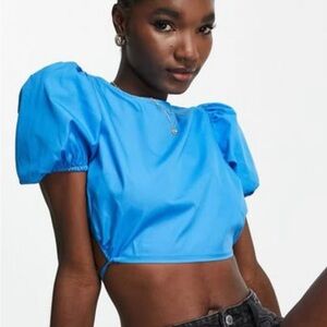 Worn ONCE Topshop Royal Blue Puff Sleeve Crop Top Open Back Size US 2